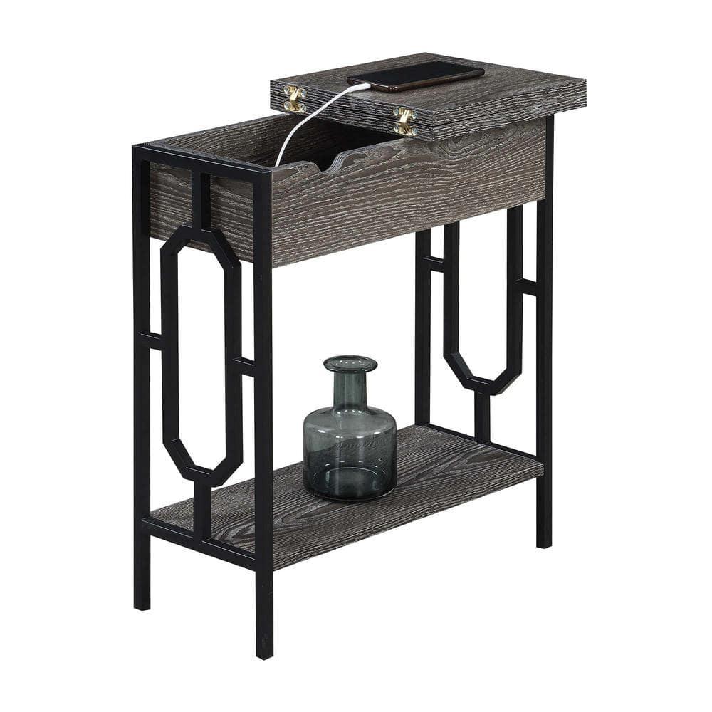 24 in. Omega Flip Top End Table with Charging Station, Weathered Gray Wood & Black