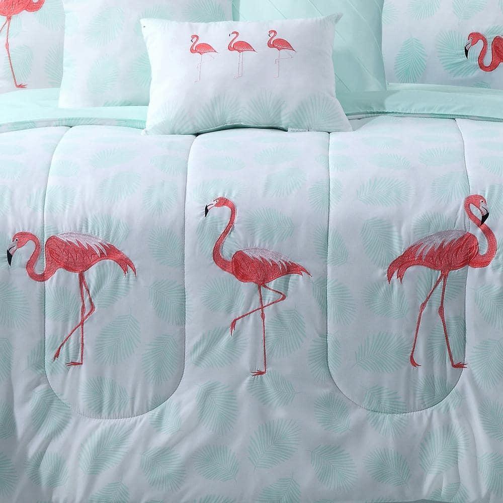 Let's Flamingo Embroidered Mint 7-Piece Comforter Set Full