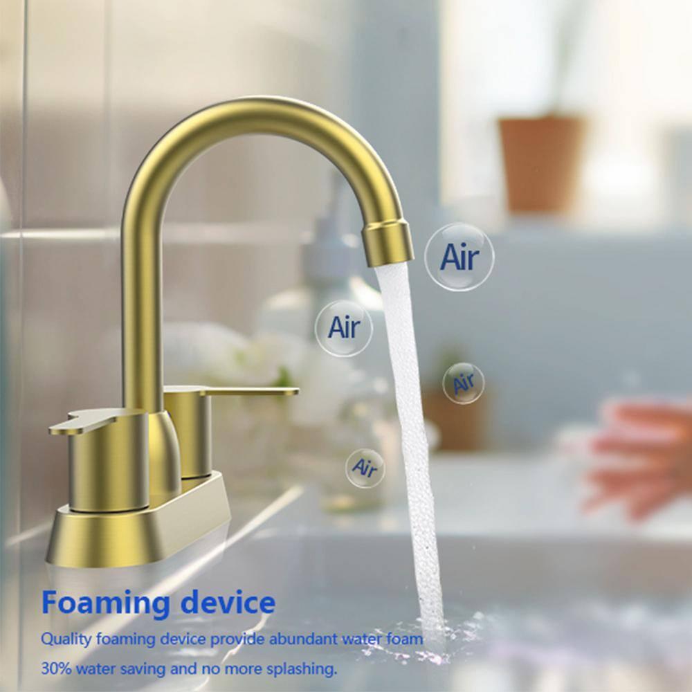 Brushed Gold Bathroom Faucet - 2 Handle, 360 Degree Swivel Spout, Centerset, 4 Inch Vanity, RV & Lavatory Use