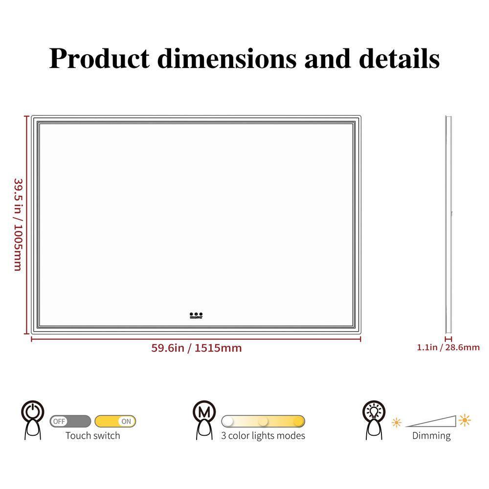 Silver 60 x 40 in. Oversized LED Bathroom Mirror Wall Mounted Mirror with 3 Color Modes Aluminum Frame Large Wall Mirror