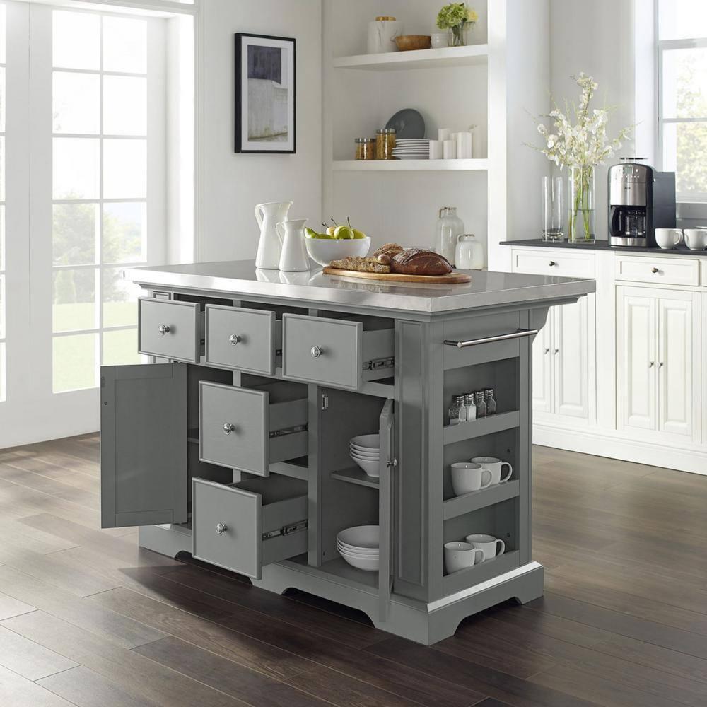 Julia Stainless Steel Top Kitchen Island Gray - Crosley: Towel Bar, Spice Rack, 5 Drawers, 2 Cabinets