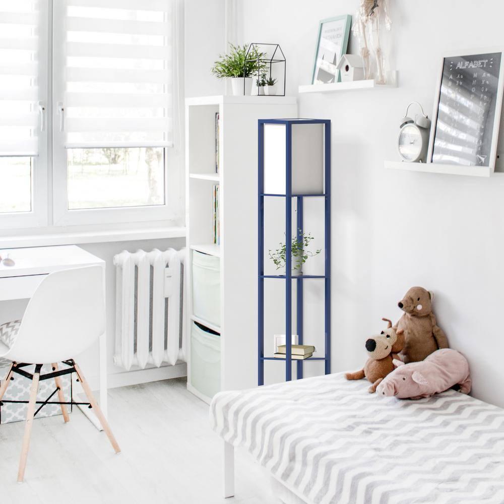 Simple Designs Floor Lamp Etagere Organizer Storage Shelf with Linen Shade, Navy