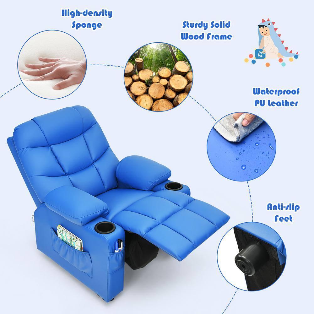 Costway Kids Youth Recliner Chair PU Leather w/Cup Holders & Side Pockets Blue
