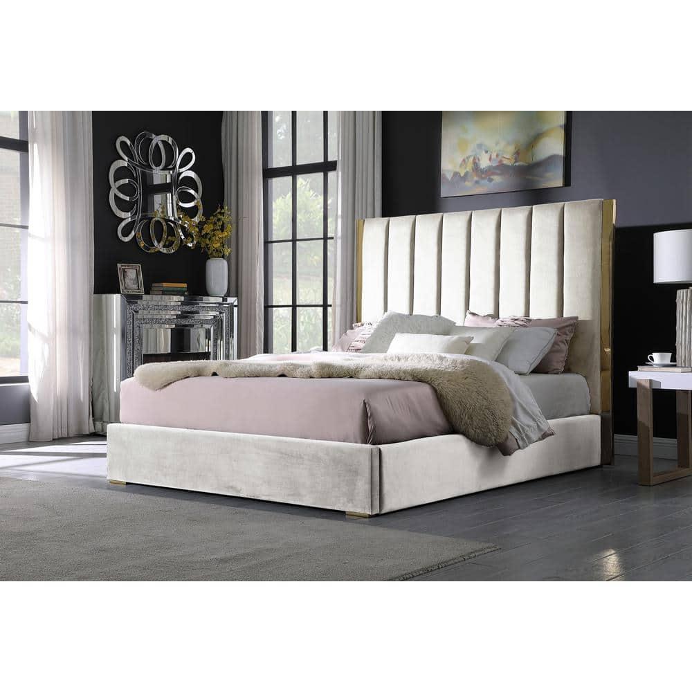 Jalen Beige Velvet California King Platform Bed with Gold Accents