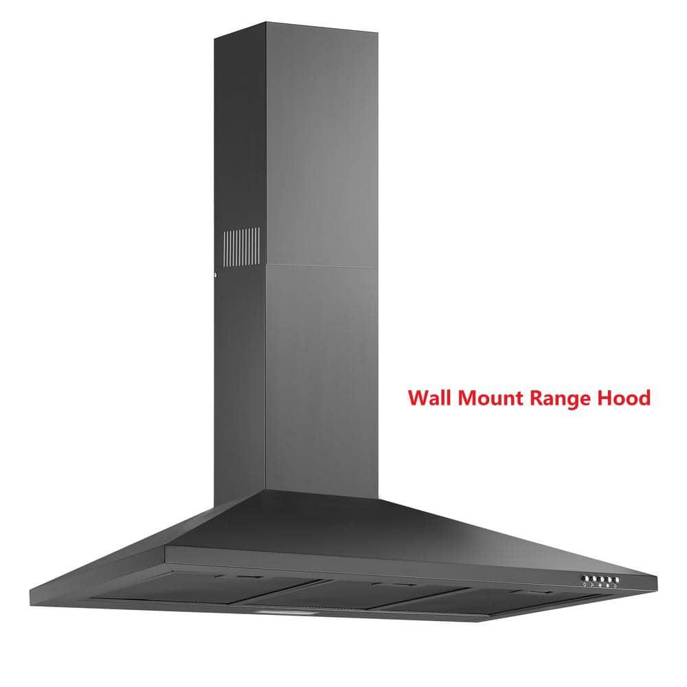 36 Inch Black Range Hood, 450 CFM Stainless Steel Wall Mount Kitchen Hood with Ducted Ductless Convertible, Button Control Over Stove Vent Hood with 3 Speed Noiseless Fan, LED Light (450CFM)