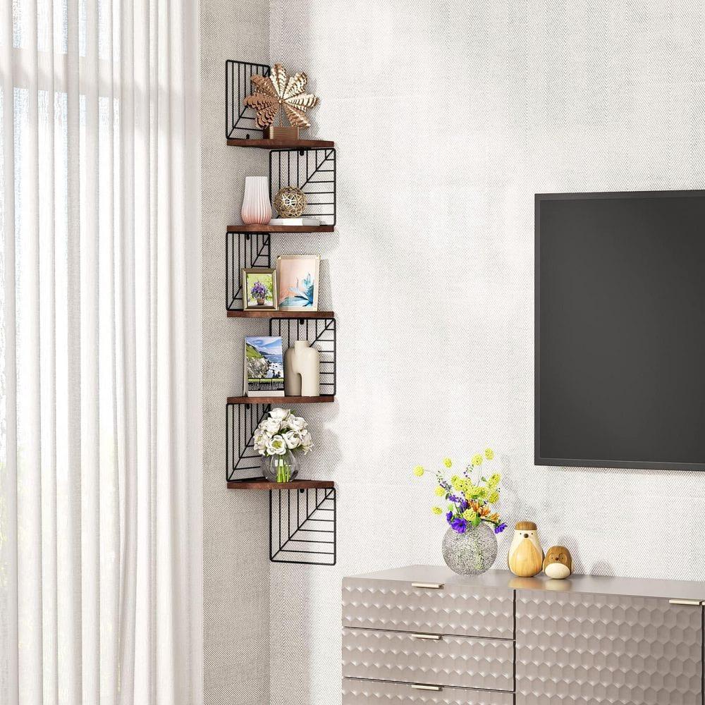 Dark Walnut 5-Tier Floating Corner Wall Shelves with Metal Brackets