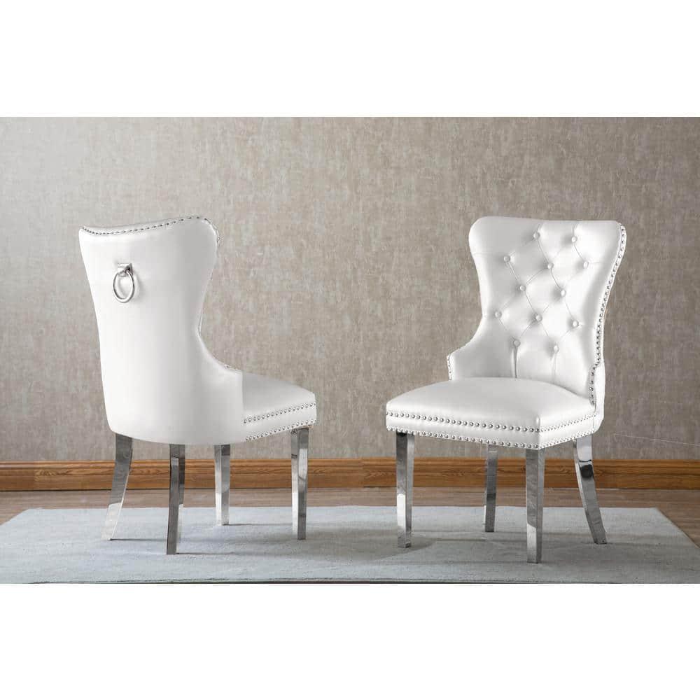 Tufted White Faux Leather Side Chairs with Silver Stainless Steel (Set of 2)