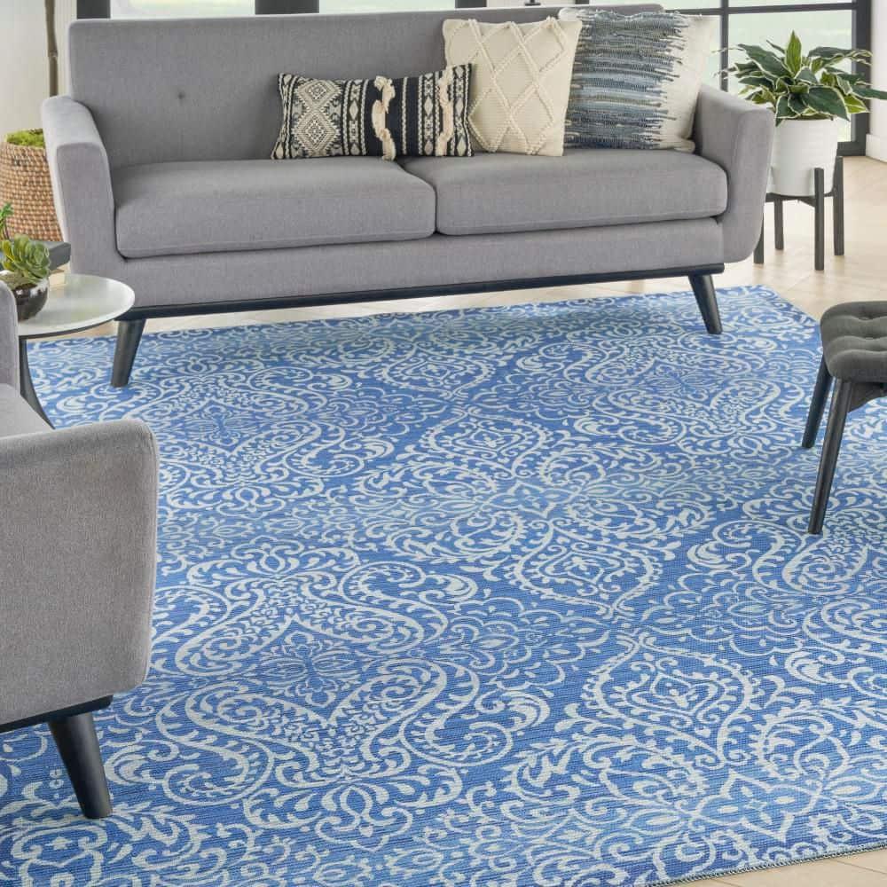 Waverly Washables Collection 7'10" x 9'10" Blue Damask Indoor Rug