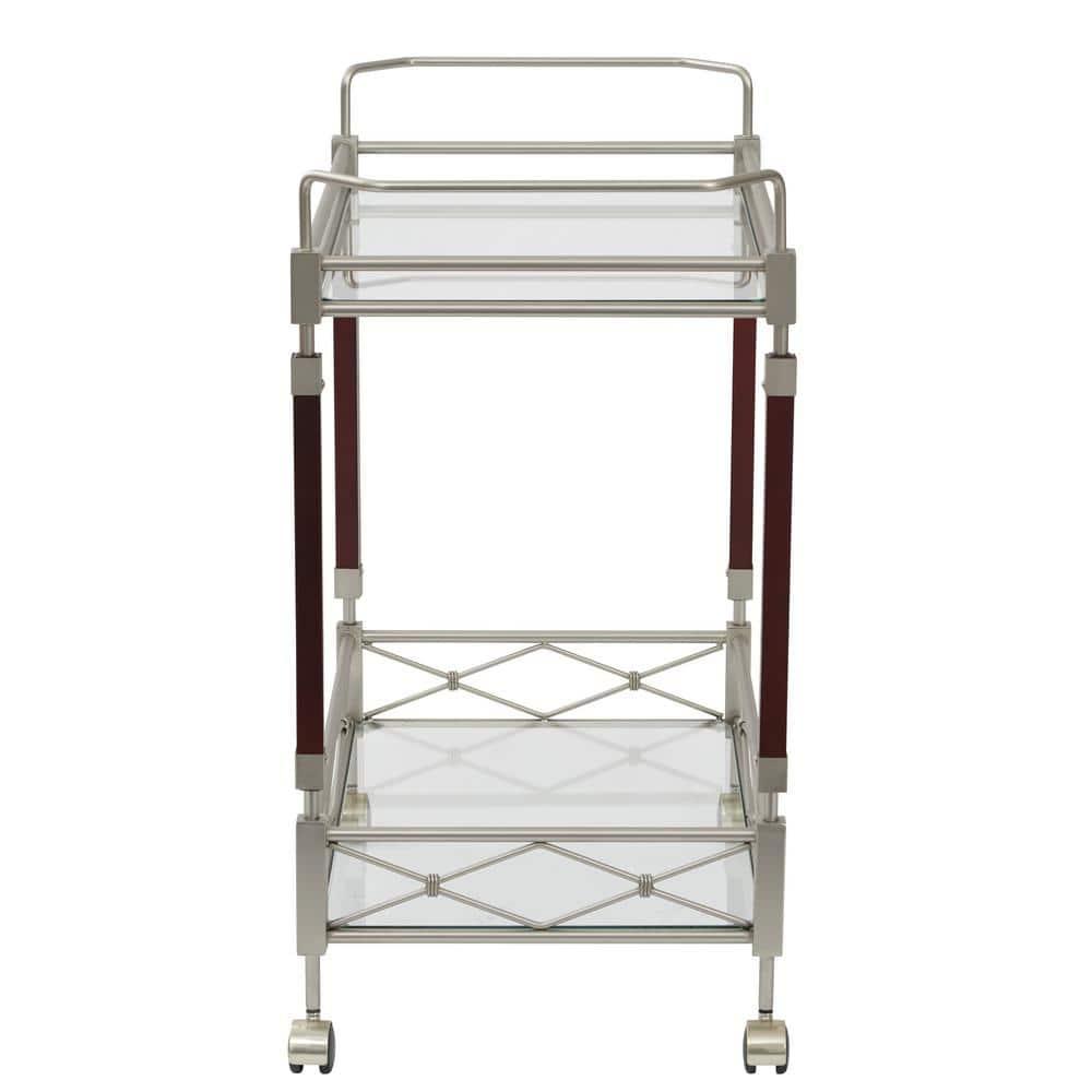 Melrose Serving Cart with Clear Tempered Glass and Nickel Brush Metal Frame