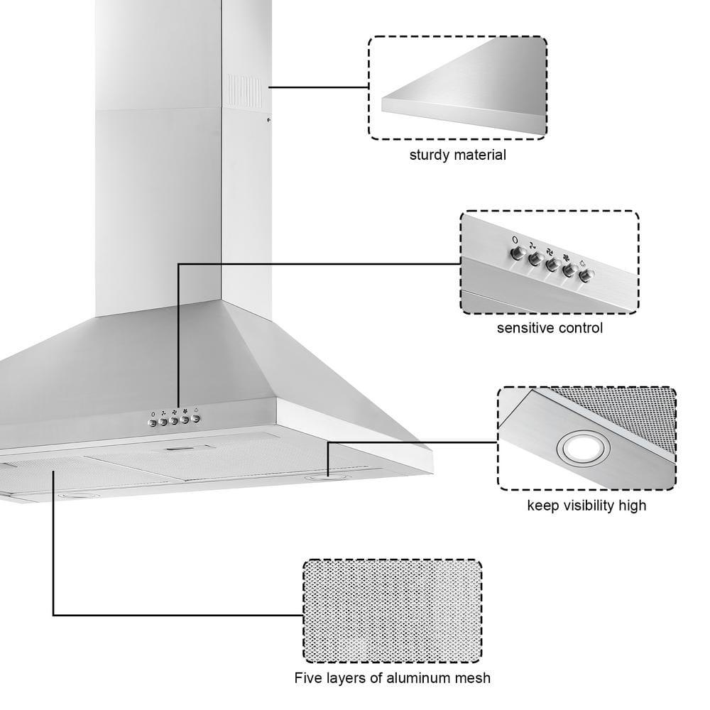 FIREGAS Range Hood 30 inch Wall Mount Type with Ducted/Ductless Convertible, 450 CFM Stainless Steel Chimney-Style Kitchen Hood, Over Stove Vent Hood with 3 Speed Fan, LED Light, Charcoal Filters