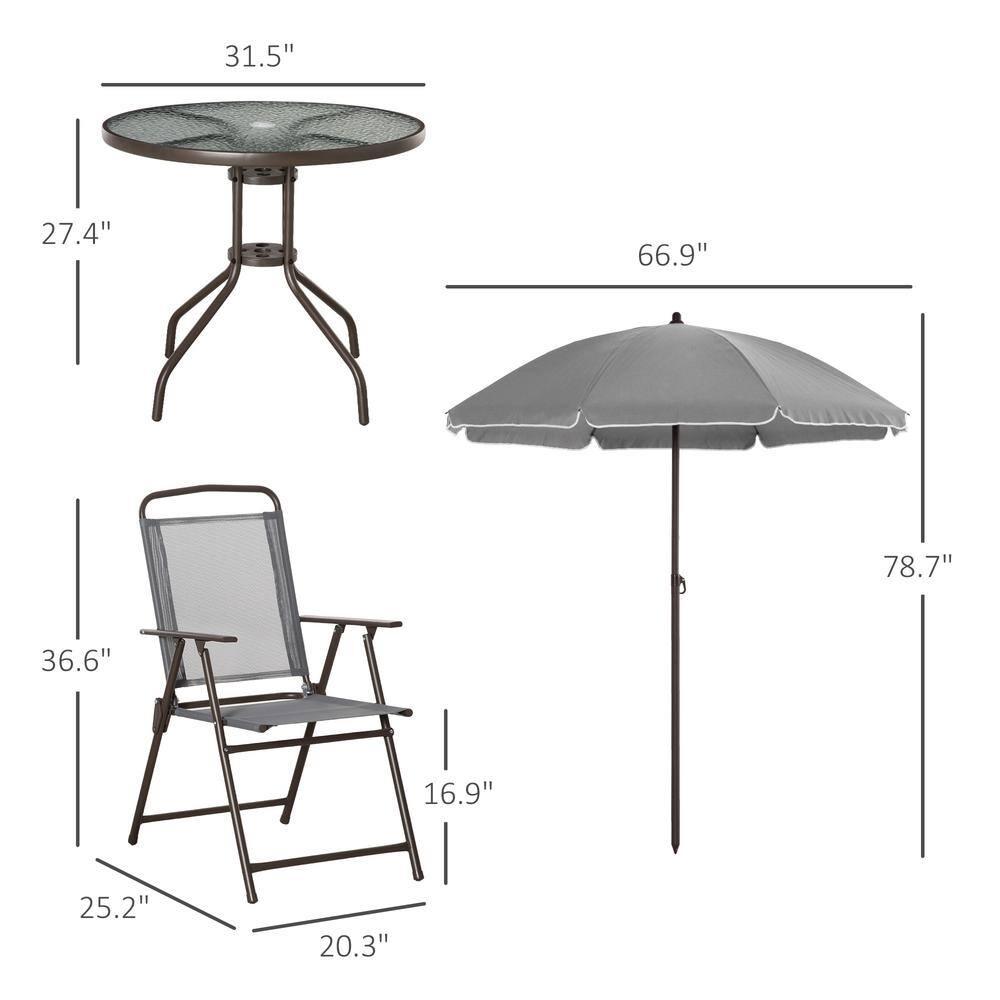 Outsunny 6 Piece Patio Dining Set for 4 with Umbrella, 4 Folding Dining Chairs & Round Glass Table for Garden, Backyard, and Poolside, Gray