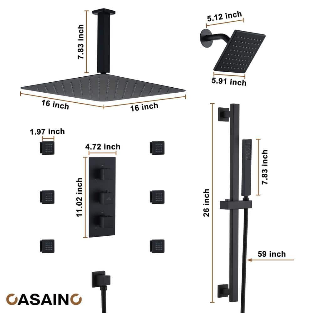 CASAINC Rainfall Symphony 16inch Dual Shower Head Rainfall Thermostatic Shower System with 16-inch Slide Bar and Body spray KCHS0019-16MB