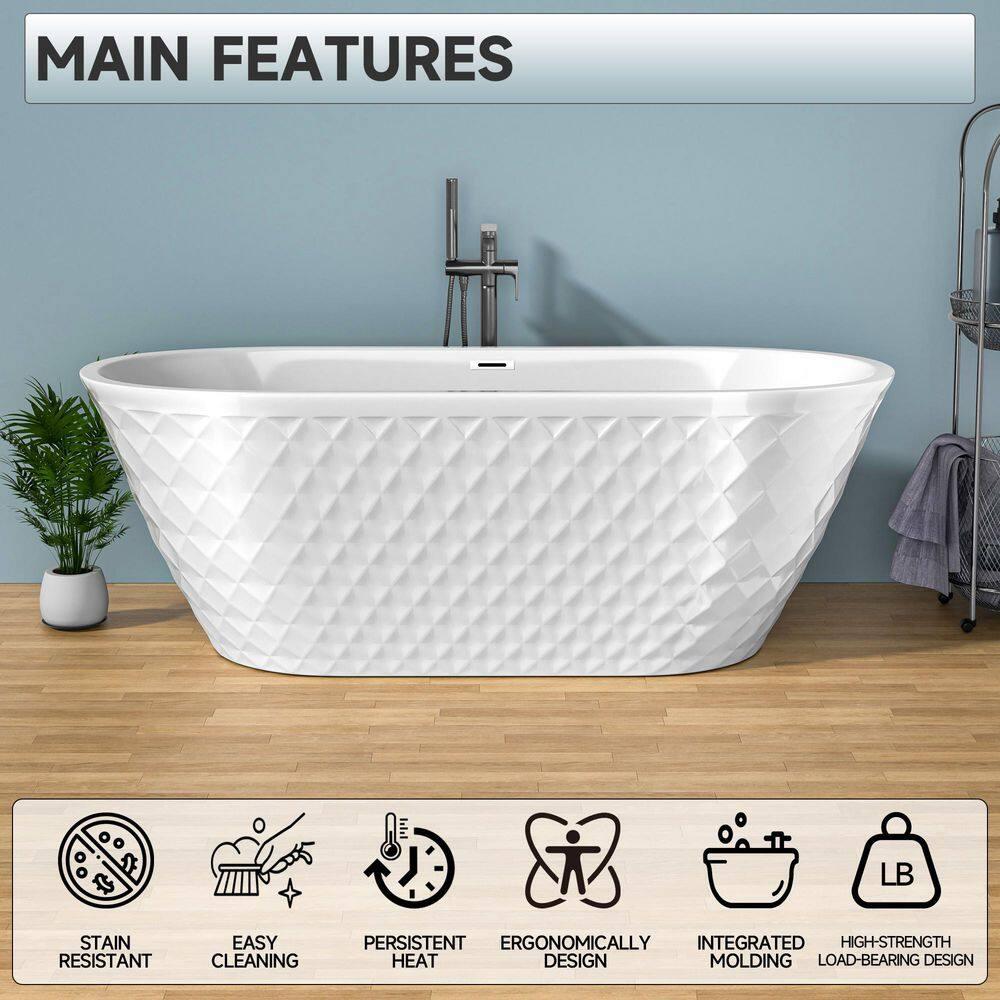 Aguamaph 67" x 31" Acrylic Freestanding Bathtub with Diamond Wave Pattern with Chrome Drain & Overflow T7052886731CW