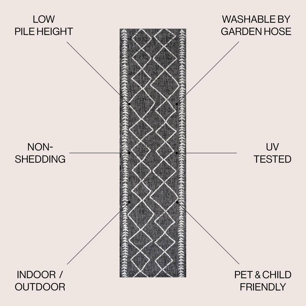 2'x10' Derya  Diamond Trellis Indoor/Outdoor Runner Rug, Black/Ivory - JONATHAN Y
