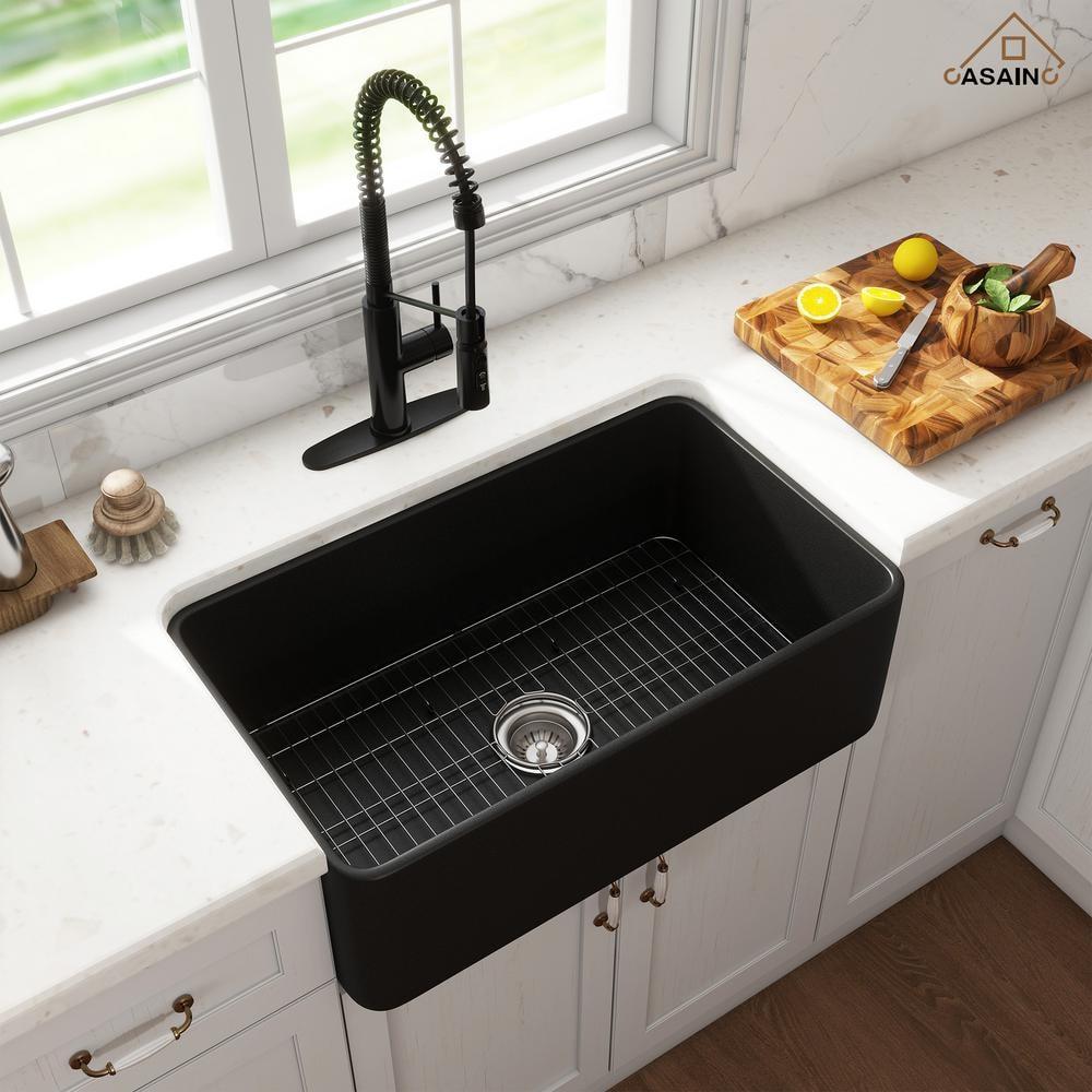 CASAINC Single Bowl Black Fireclay Farmhouse Kitchen Sink With Faucet Included