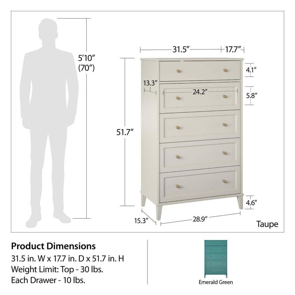 Ameriwood Home Monticello Tall 5-Drawer Dresser, Emerald Green