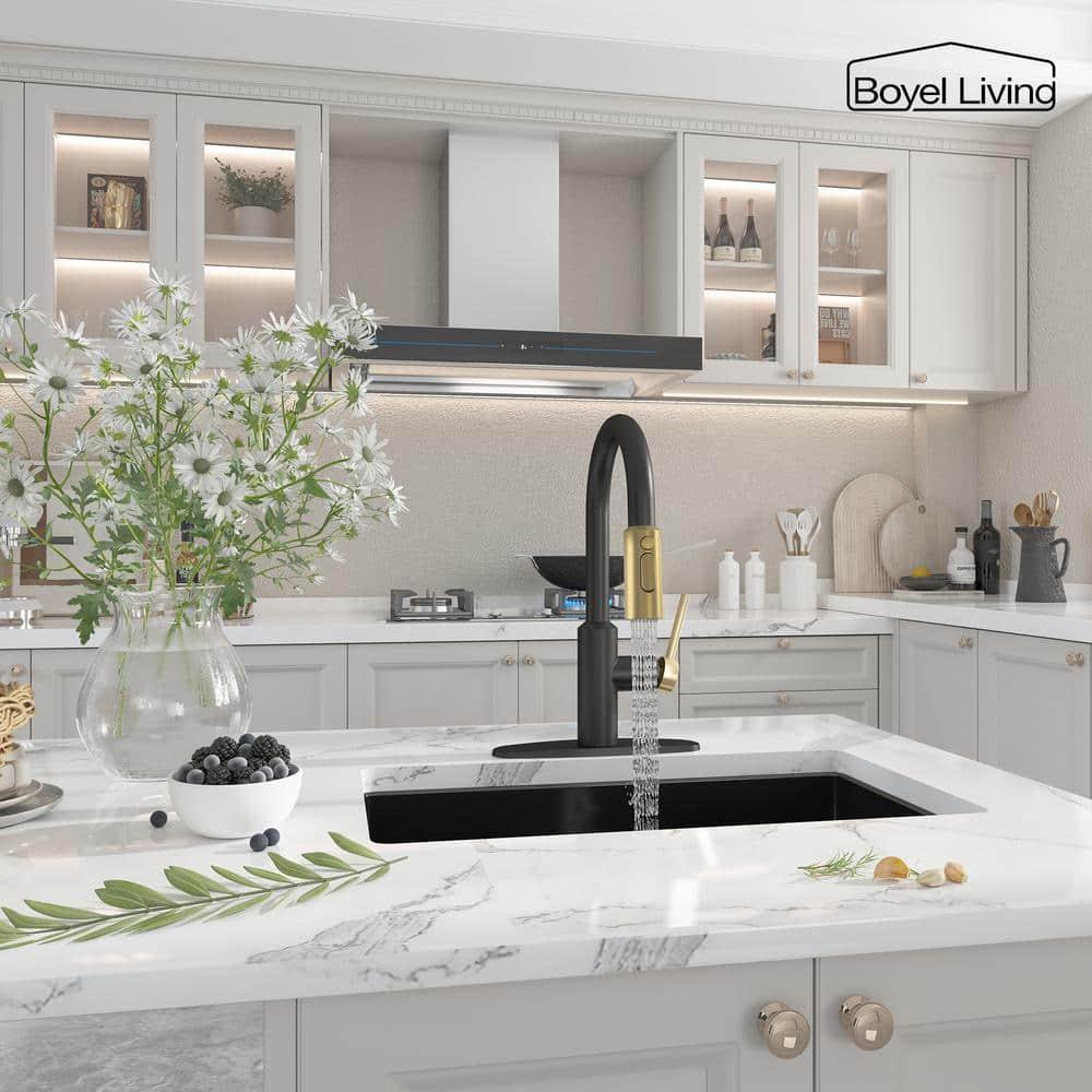 Matte Black and Brushed Gold Stainless Steel Pull Down Kitchen Faucet