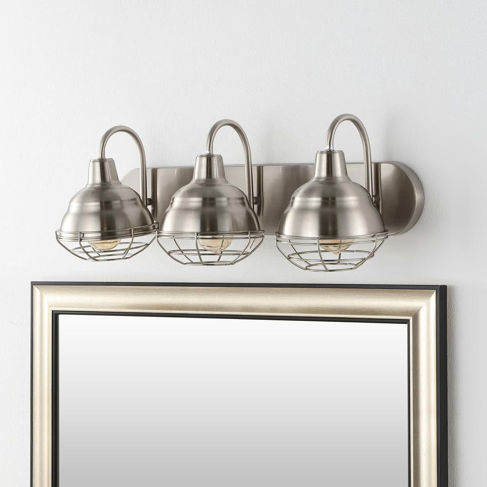 BEAUTY DEPOT 24.5" 3-Light Industrial Farmhouse Vanity Light, Nickel Finish, Led Bulbs Included, Modern Rustic Bathroom, Hallway, Living Room, Bedroom Mirror Cabinet Lighting