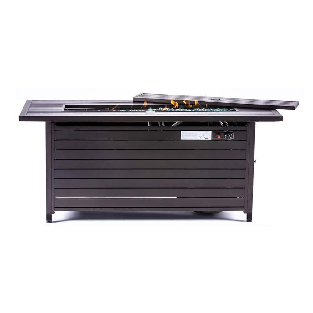 56 in. x 21 in. Rectangular Fire Table with Glass Wind Guard, Cover and Table Lid in Bronze