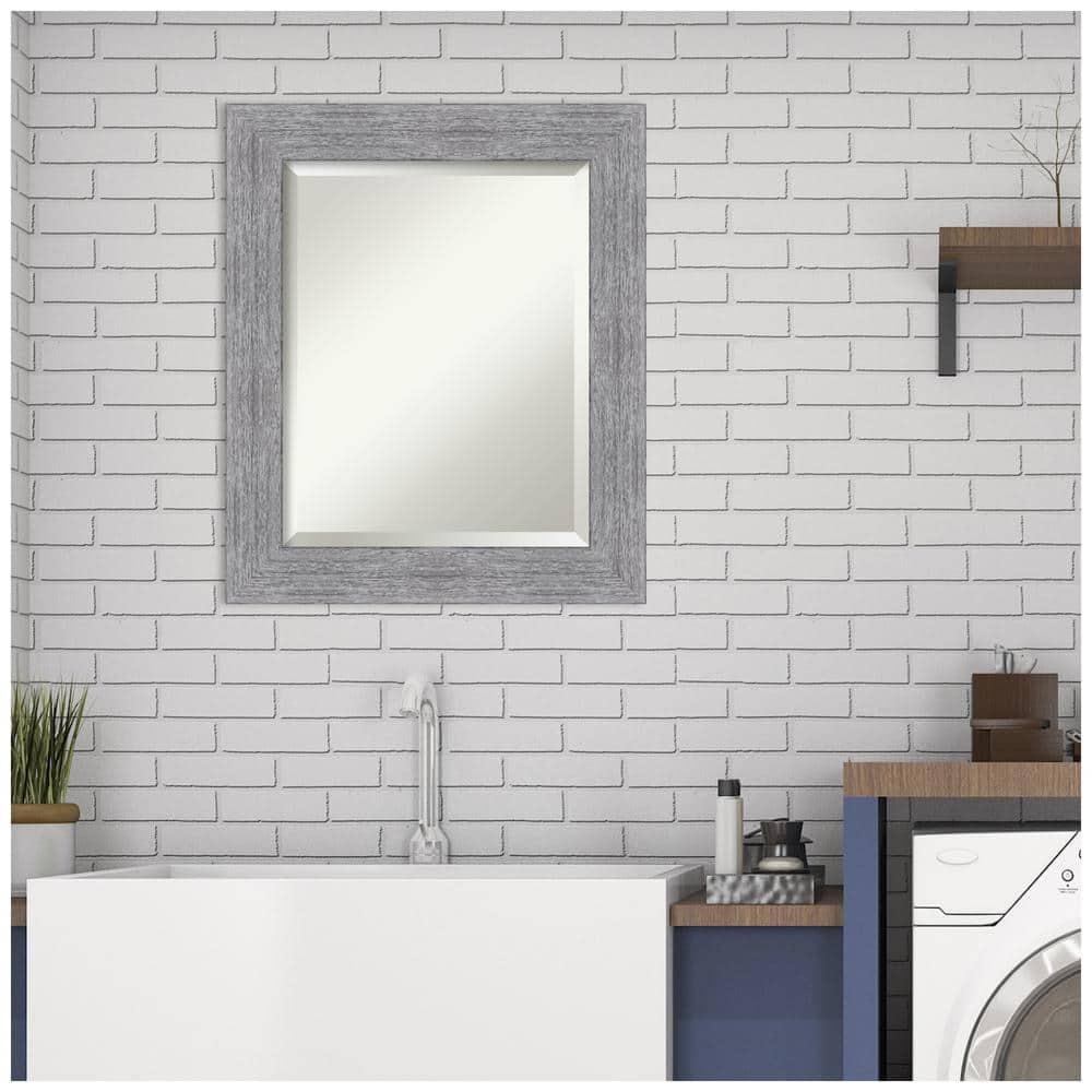 Amanti Art Beveled Bathroom Wall Mirror - Bark Rustic Char Frame Bark Rustic Grey Outer Size: 21 x 25 in Silver, Brown, Grey
