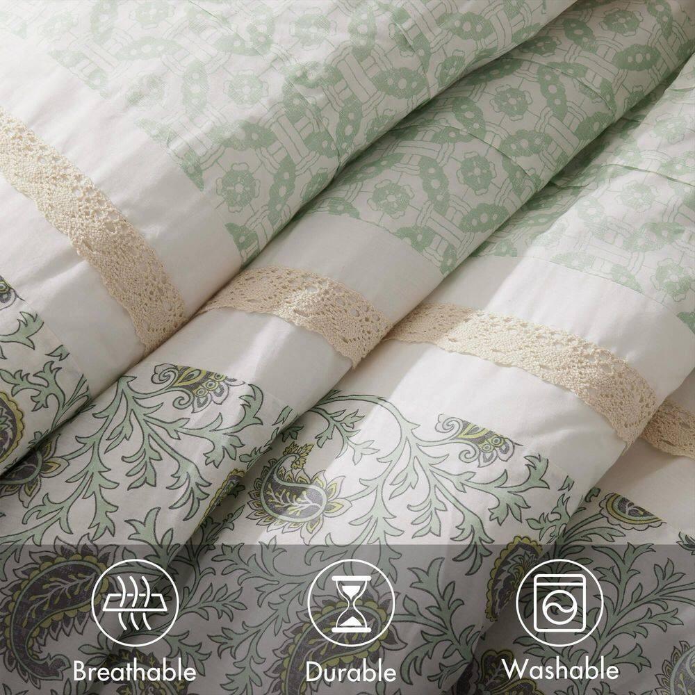Sage Green Cotton King Reversible Comforter Set with Decorative Pillows