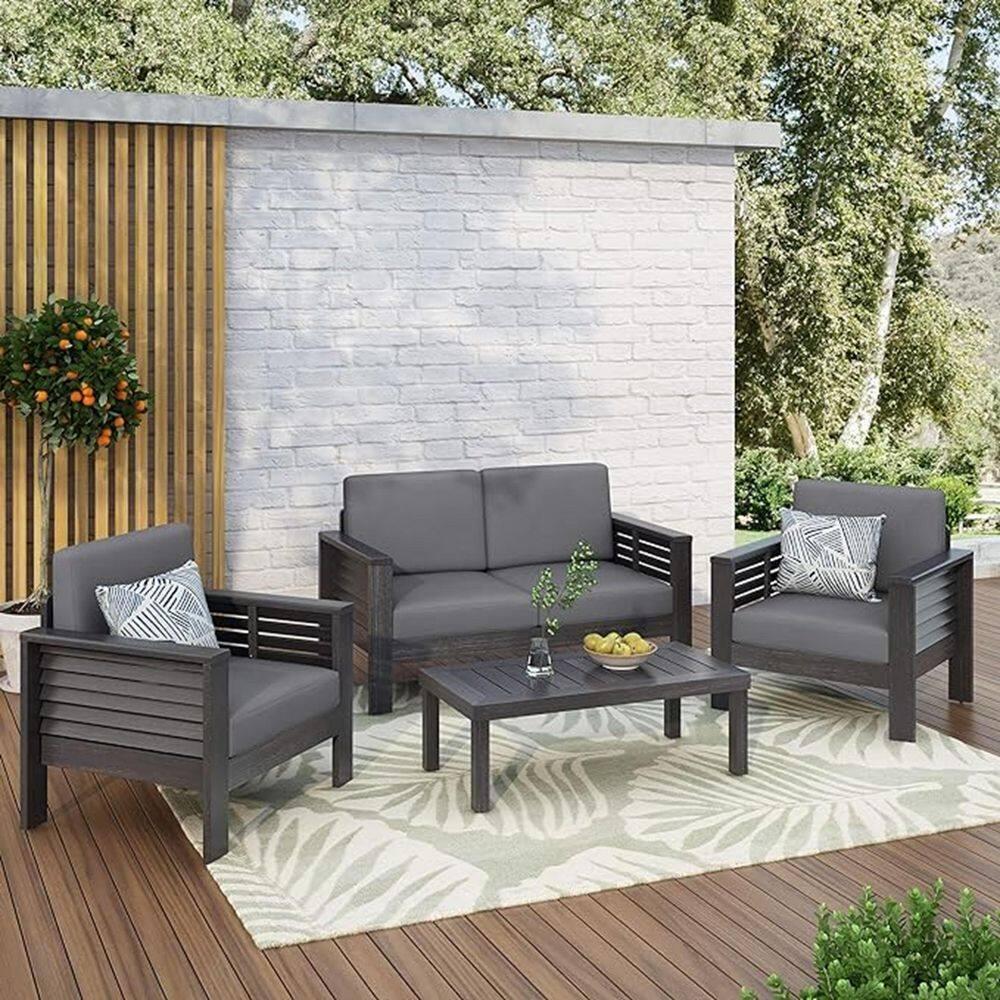 Christopher Knight Home Rabun Outdoor Acacia Wood 4 Seater Chat Set with Cushions, Dark Gray