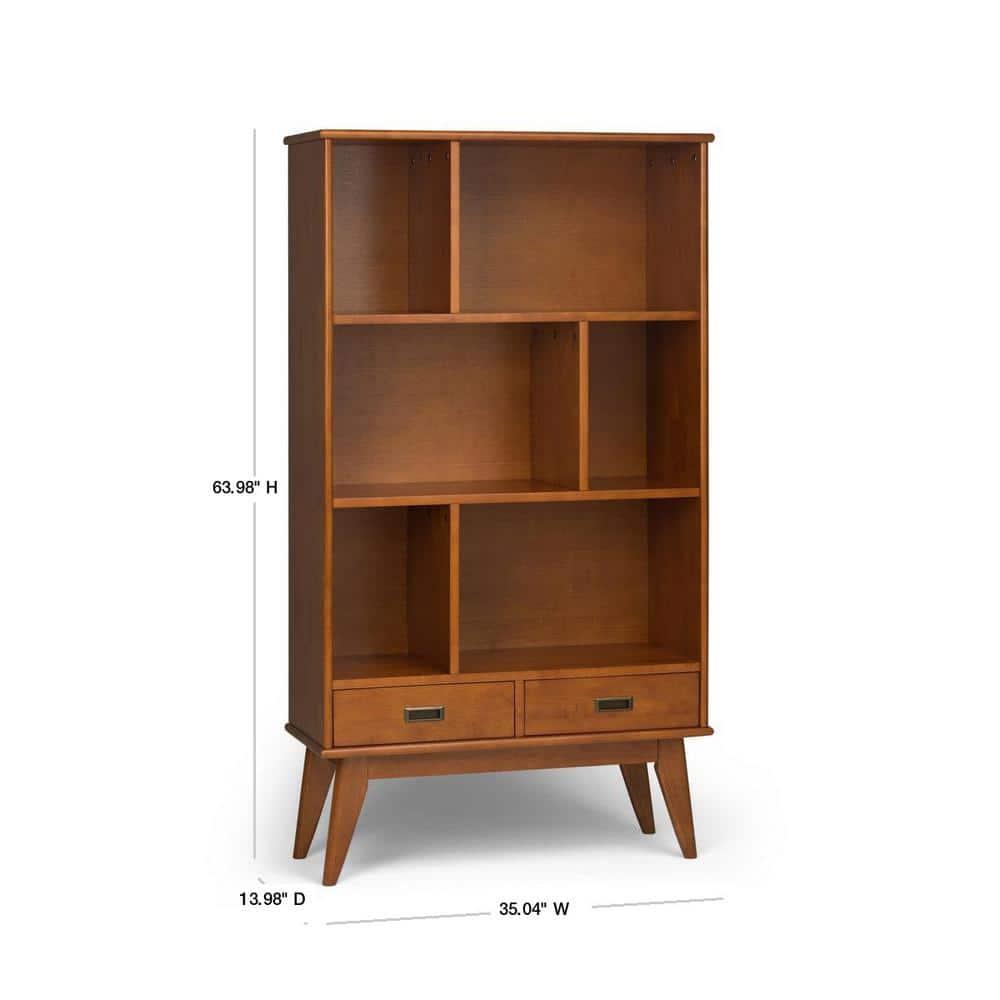 Simpli Home Draper 35"W Solid Hardwood 6 Shelf Compartment Mid-Century Modern Wide Bookcase with 2 Drawers
