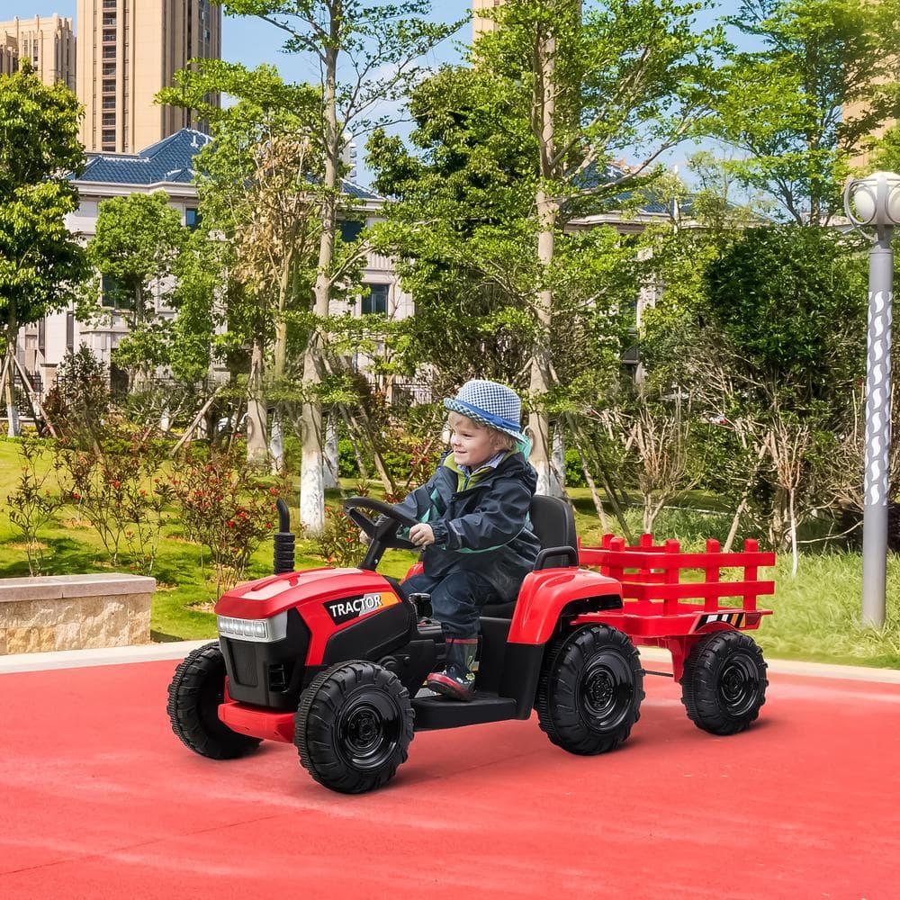 12V Kids Ride On Tractor with Trailer, Battery Powered Electric Car with Music, USB, Music, LED Lights