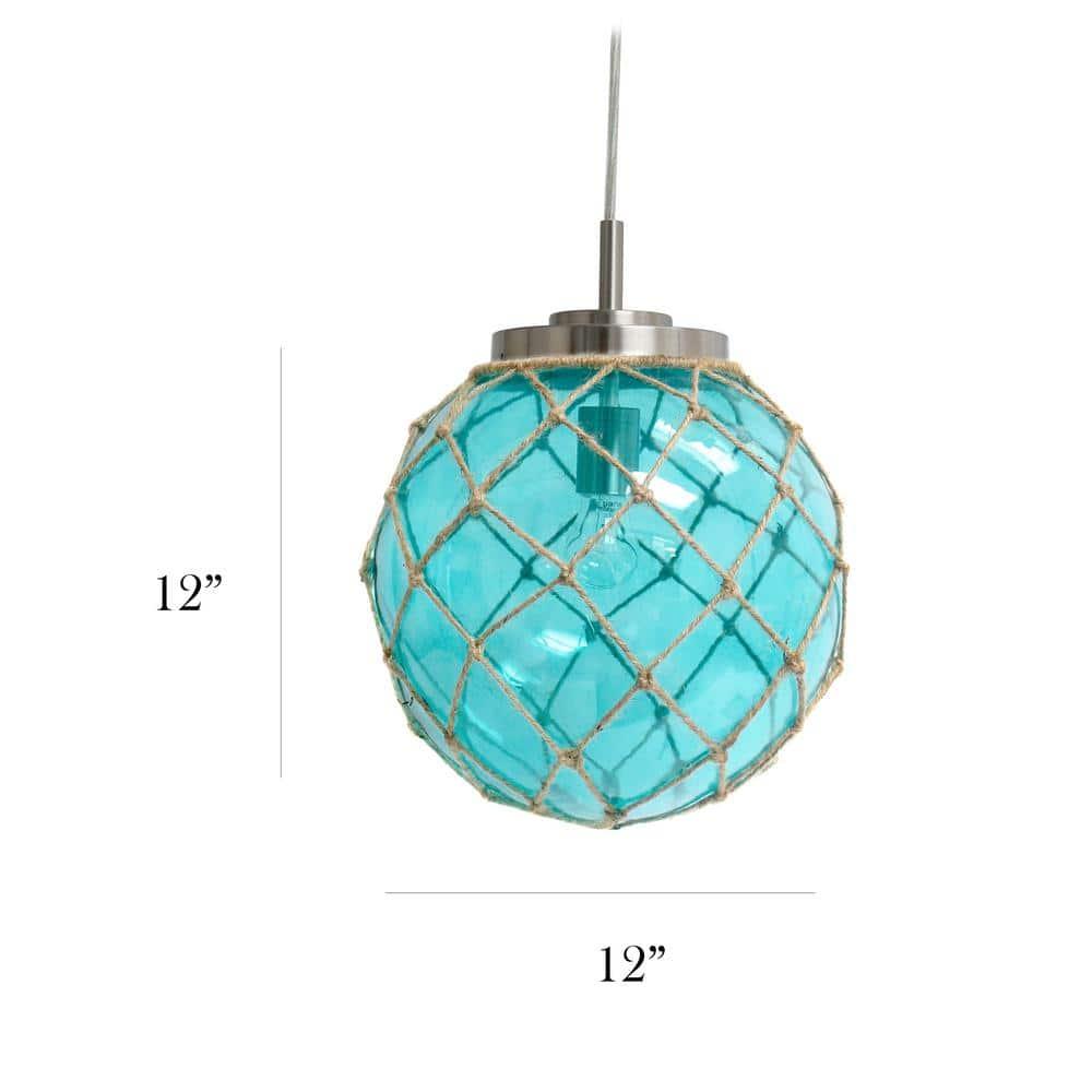 Buoy Netted Coastal Ocean Sea Glass Pendant with Natural Rope Aqua - Elegant Designs: Brushed Nickel Canopy, UL Listed