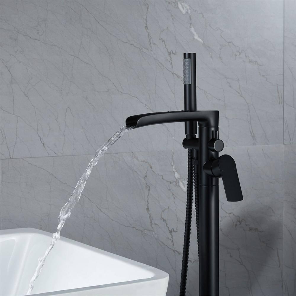 Free Standing Tub Faucet Brass Oil Rubbed Bronze Waterfall Freestanding Bathtub Faucet Floor Mount Tub Filler with Handheld Sprayer