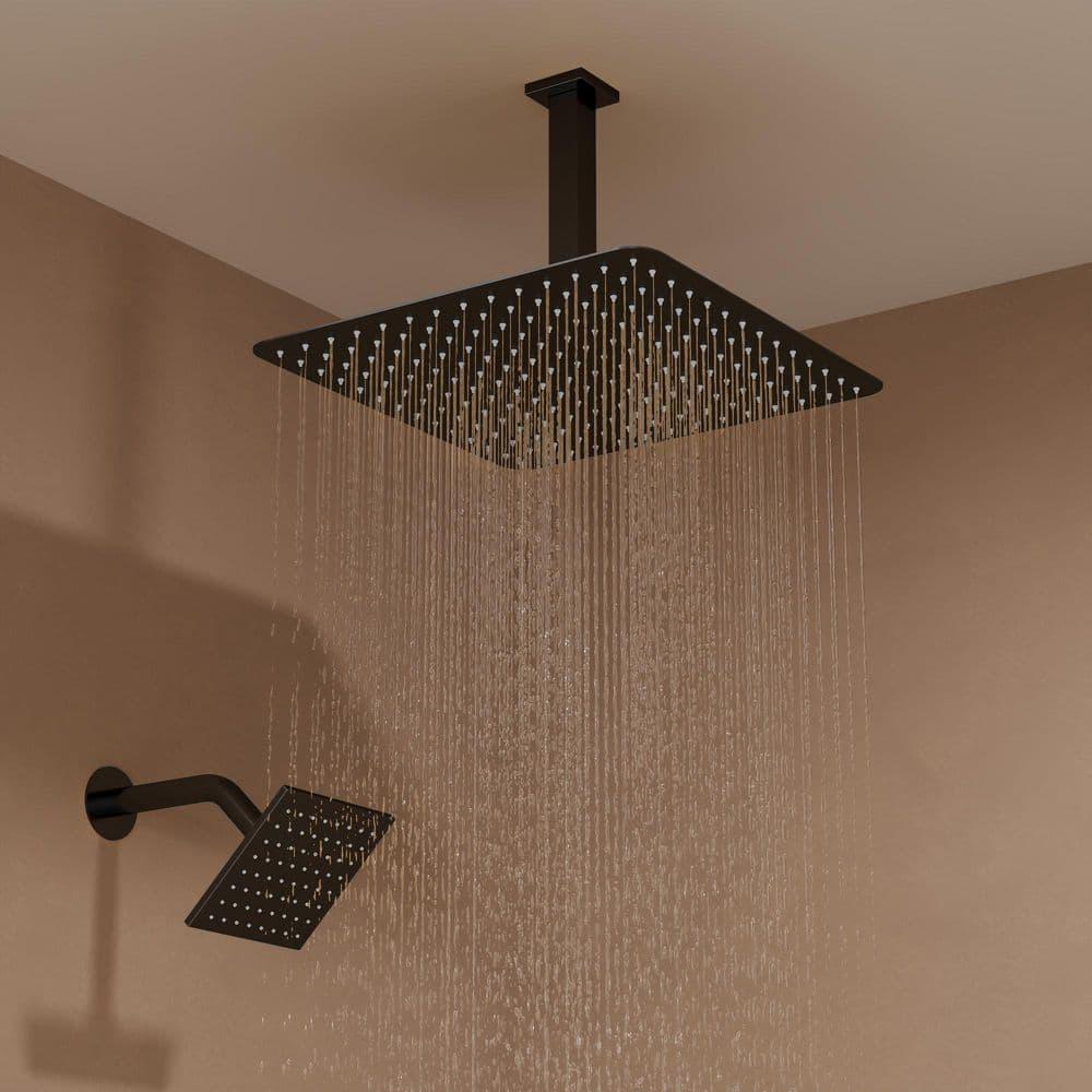 GRANDJOY 16 inch Complete Dual Shower Head System, Celling Mounted Shower Faucet Set with Hand Shower Head, Rough in-Valve, 6 Massage Body Jets - Matte Black