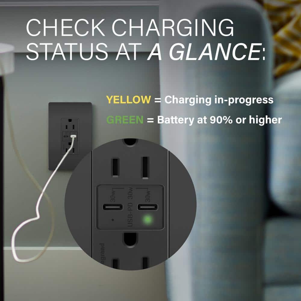 radiant 15 Amp 125-Volt Tamper-Resistant Duplex Outlet with Ultra-Fast 6A PLUS 30W Power Delivery USB C/C, Black