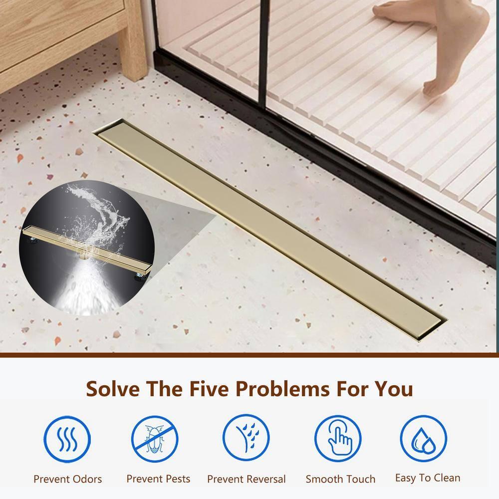 Linear Shower Floor Drain, Brushed Gold 30 Inch 304 Stainless Steel Bathroom Drains Kit, Rectangular Shower Trench Drain with Reversable Tile-in Pattern Drain Cover & Hair Catcher