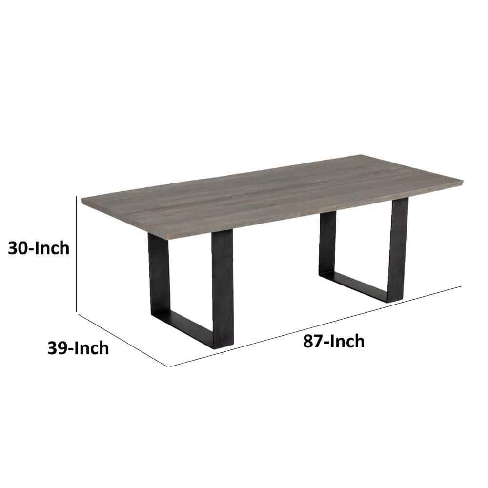 Benjara 87 Inch Dining Table, Rectangular Top, Open Metal Panel, Gray Oak, Black