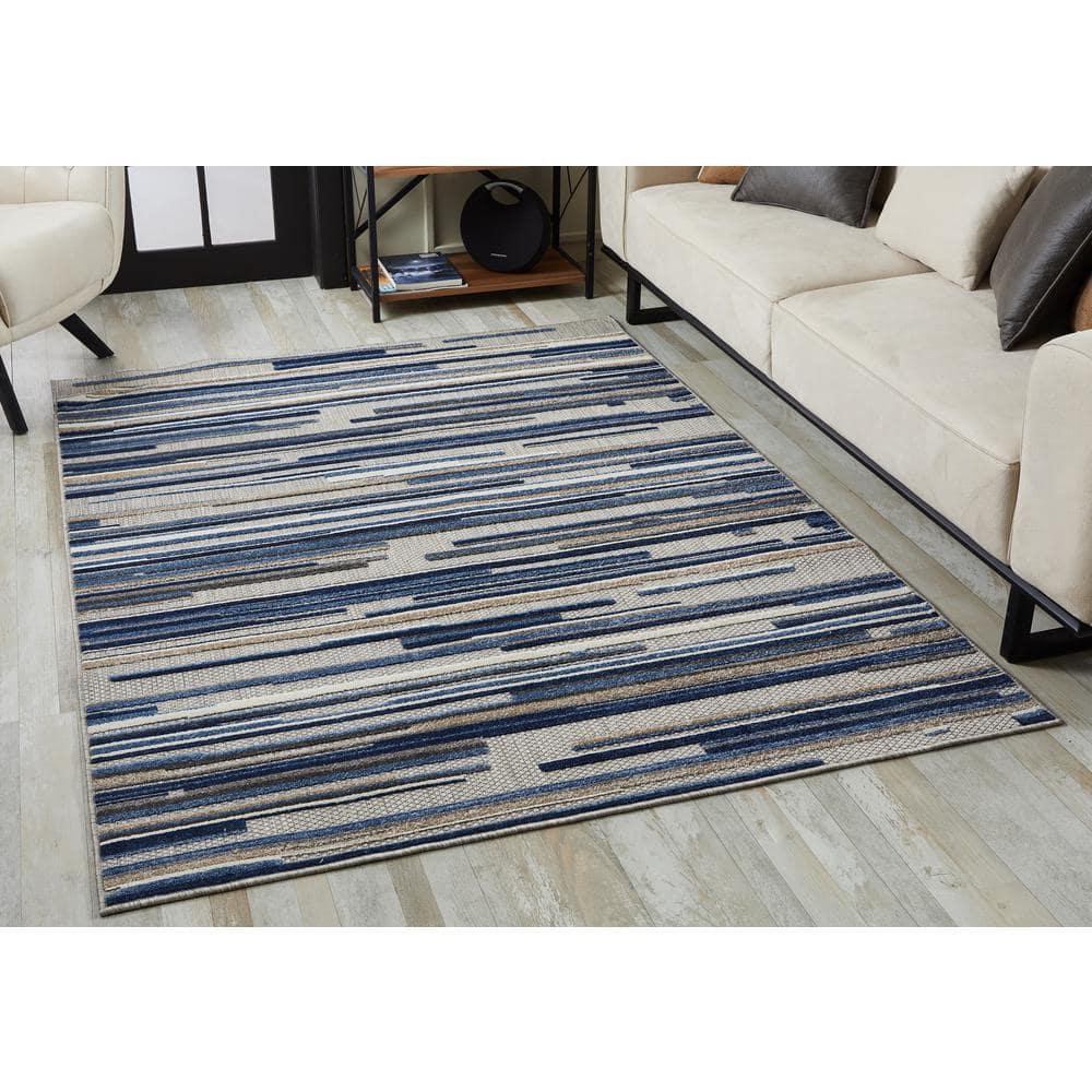 Large Blue Synthetic Easy Care Rectangular Rug