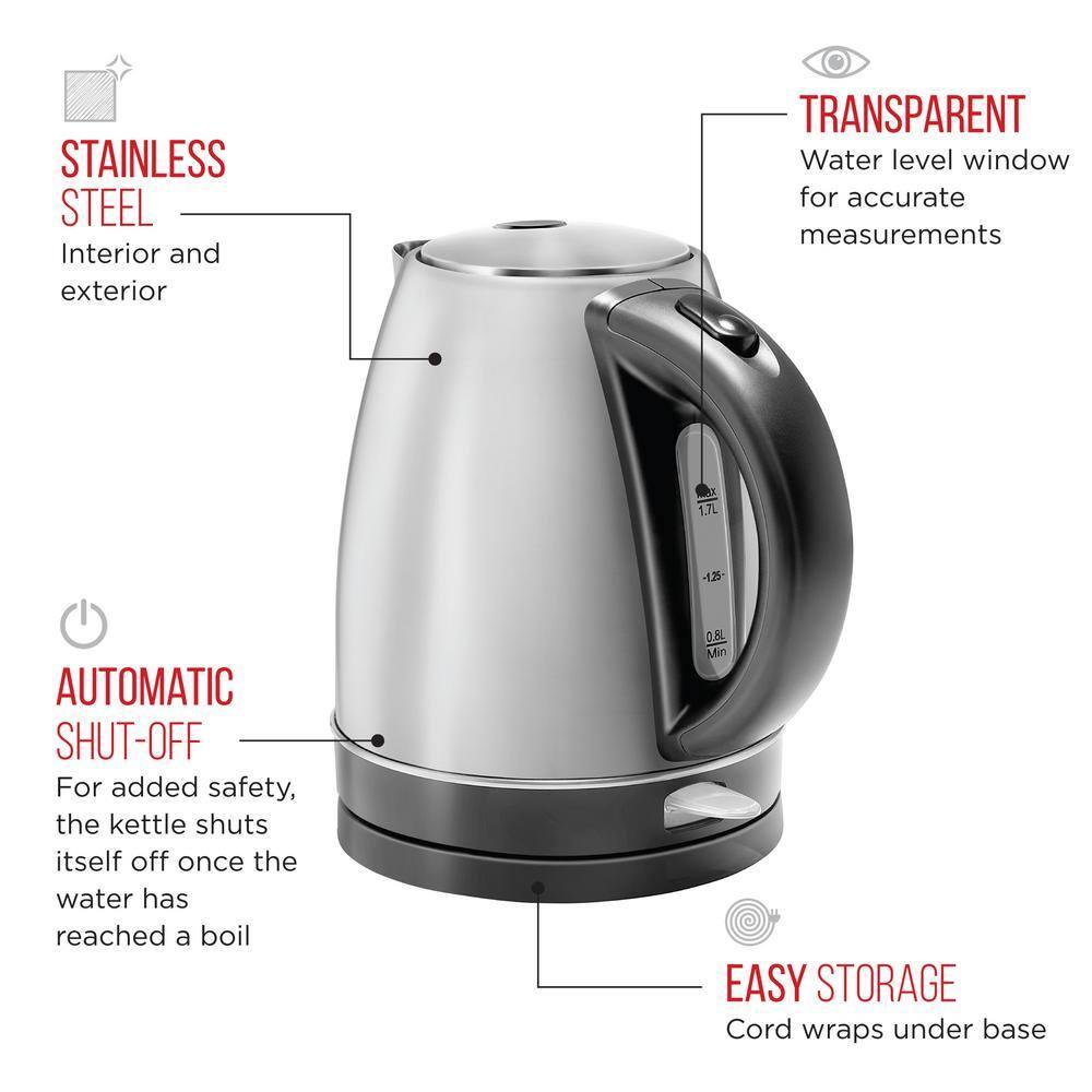 Chefman Rapid Boil 1.7L Electric Kettle w/ Swivel Base, Auto Shut Off - Stainless Steel