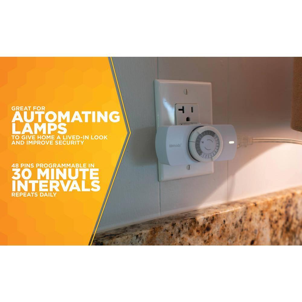 Woods 50101WD Easy-to-use Narrow Style Indoor 24-Hour Mechanical Timer, Single 2-prong (polarized) Outlet, White