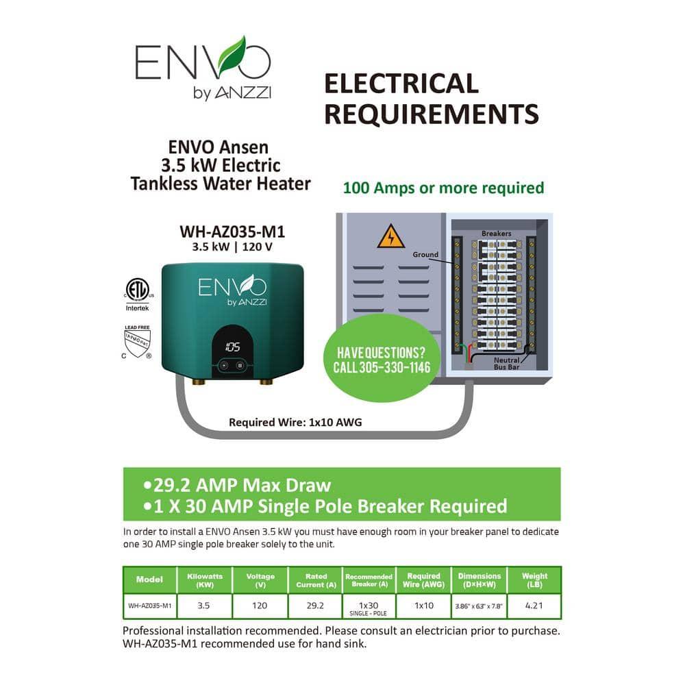 Envo ANZZI 3.5 Kw Tankless Electric Water Heater - Single Point of Use