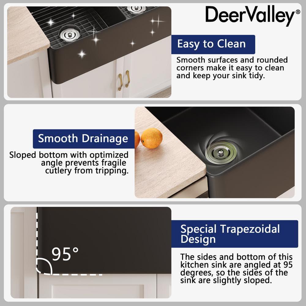 DeerValley 33" L X 20" W Double Basin Workstation Farmhouse Kitchen Sink With Sink Grid, Cutting Board And Dish-Drying Rack