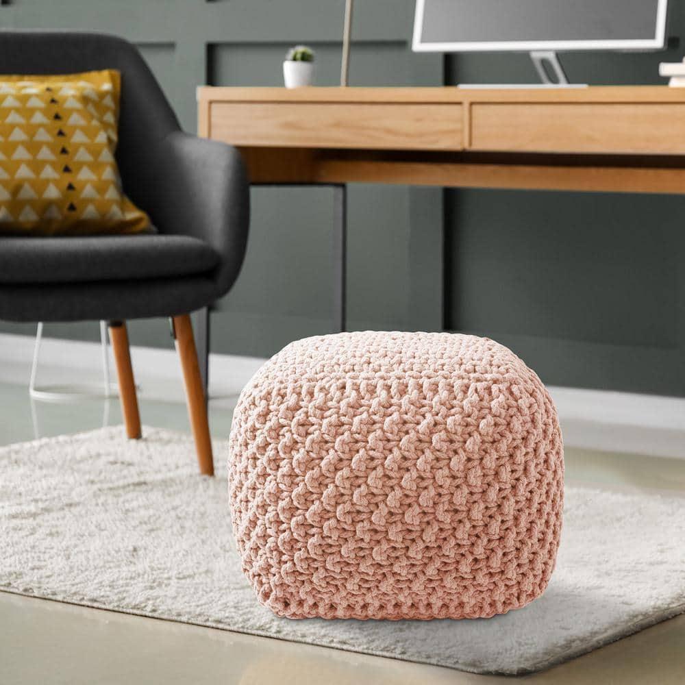 Casafield Square Pouf Ottoman, Light Pink - 18.5" W x 18.5" D x 14.5" H Cotton Knit Foot Stool - Boho Floor Pouffe for Living Room