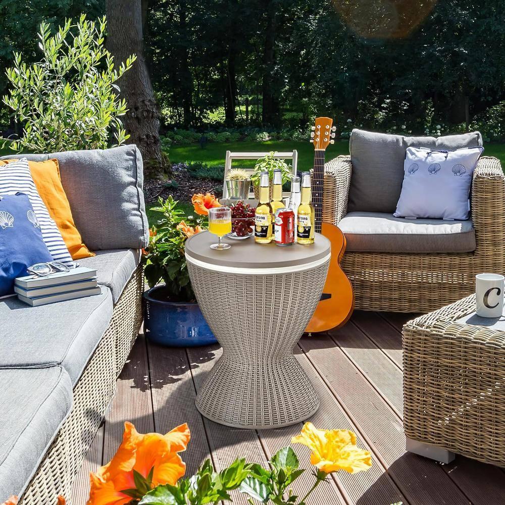 Topcobe 3 in 1 8 Gallon Patio Rattan Cooler Bar Table with Adjust Ice Bucket, Outdoor Patio Furniture for Balcony Garden Backyard -Brown