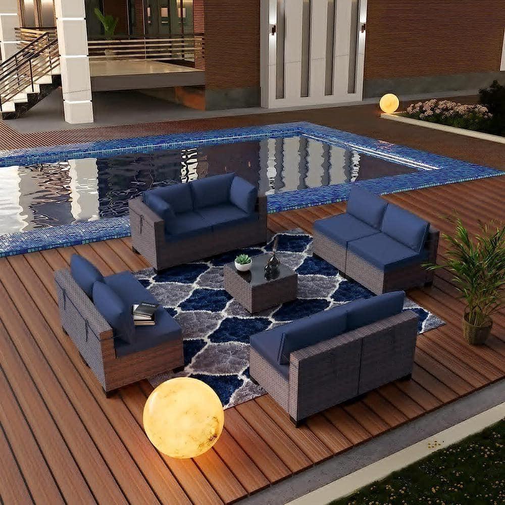 Kullavik 9 Pieces Outdoor Patio Furniture Set Outdoor Sectional Rattan Sofa Set Brown Manual Wicker Patio Conversation Set with Navy Blue Cushions,1 Tempered Glass Tea Table and Cushions Covers