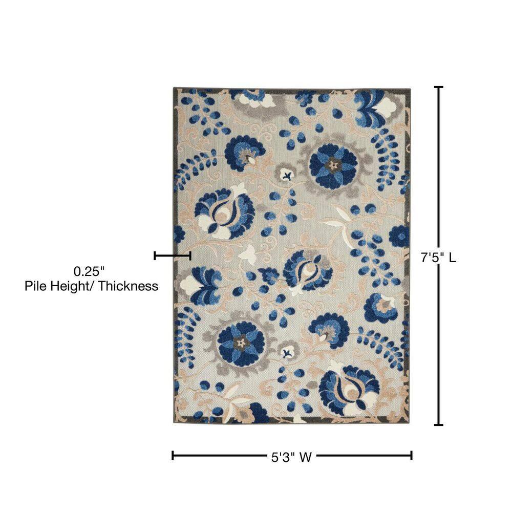 Nourison Aloha Floral Textured Flatweave High-Low Indoor Outdoor Area Rug Natural/Blue 5'3" x 7'5"