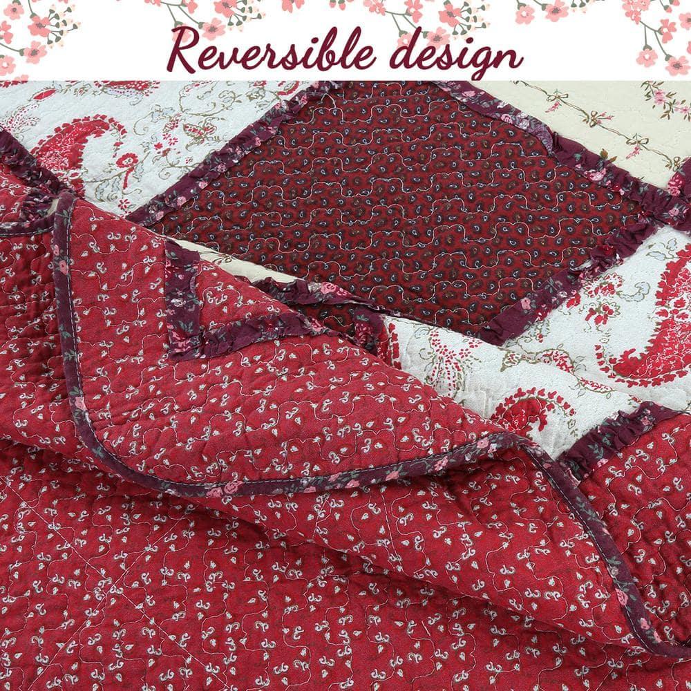 Cozy Line Home Fashions Rich Red Rose Floral Paisley 3-Piece Patchwork Ruffle Scalloped Vintage Farmhouse Cotton Reversible Queen Quilt Bedding Set