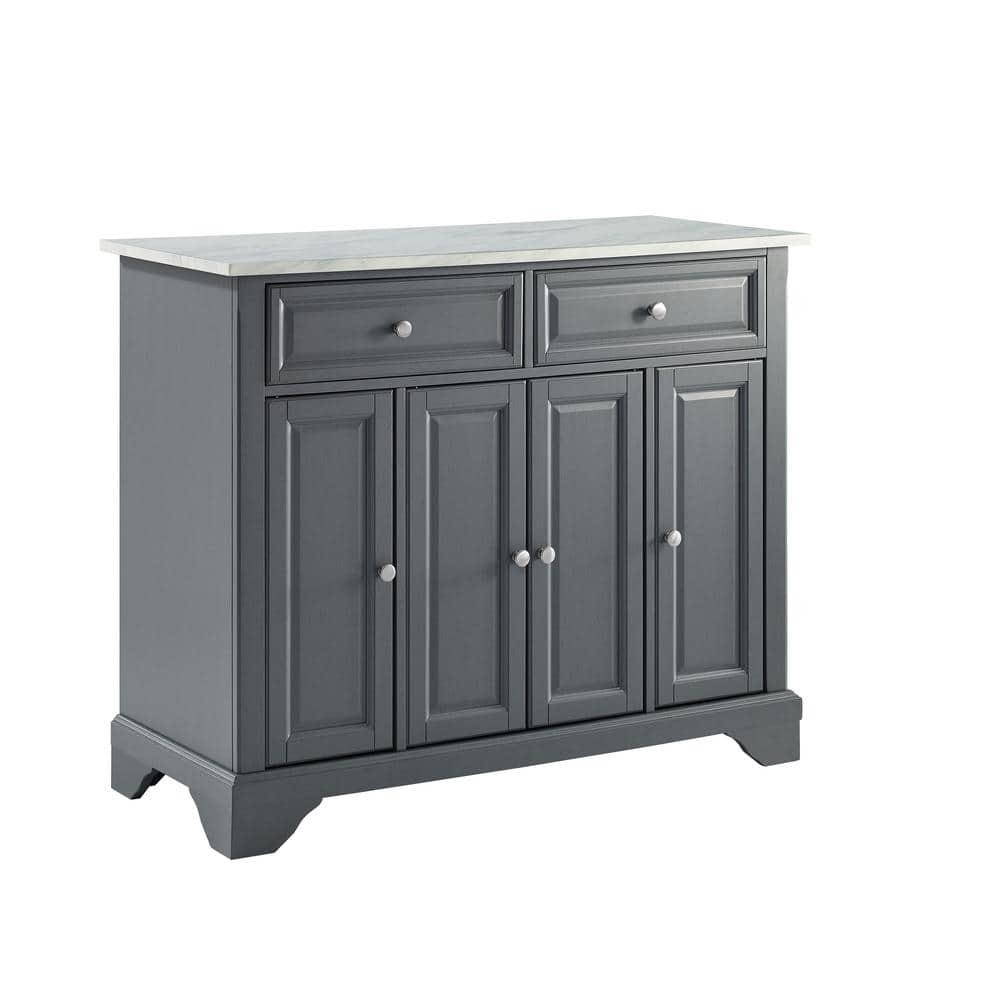 One Allium Way® Kitchen Island With Storage Shelves, Microwave Stand, Coffee Bar, Gray - Birch Veneer, Marble Finish, 2 Drawers & 3 Cabinets, Brushed Nickel Hardware