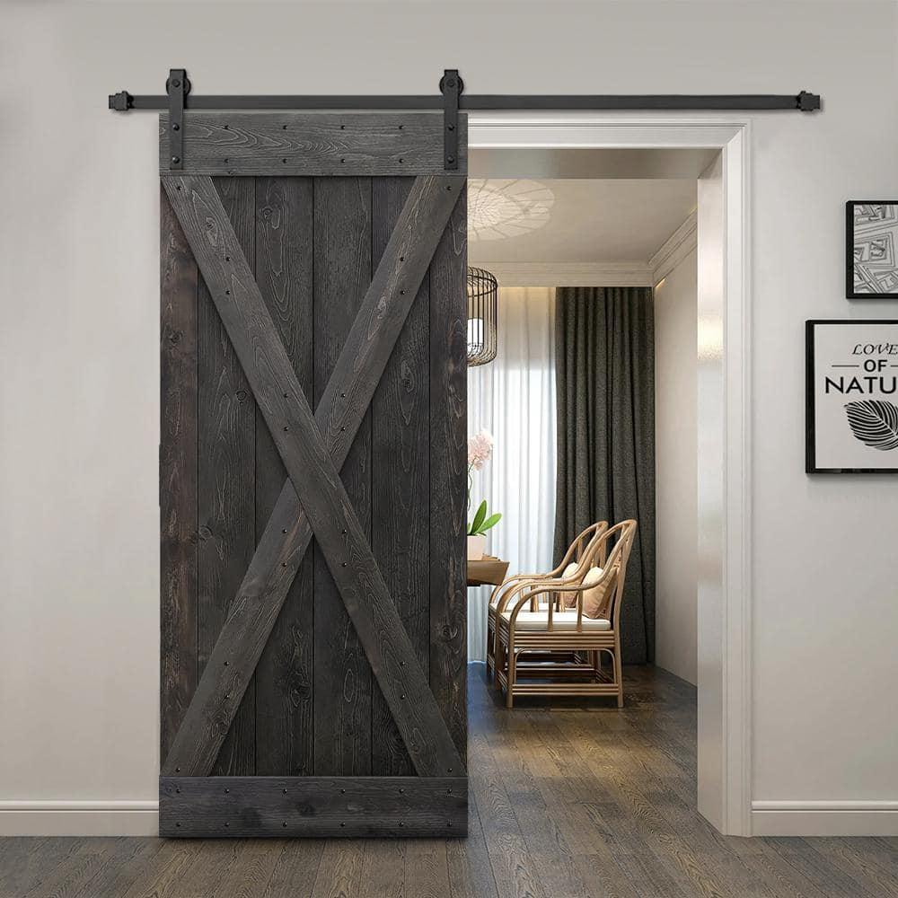 36 in. x 84 in. Distressed X Series Charcoal Black Solid with Hardware Kit Knotty Pine Wood Interior Sliding Barn Door