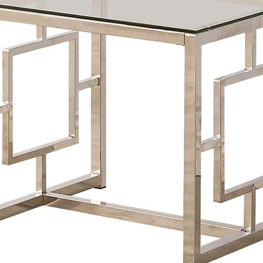 Benjara Tempered Glass Top End Table with Lattice Cut Out Panels, Silver and Clear