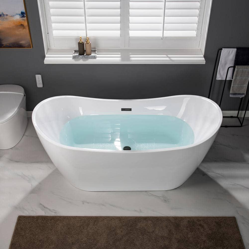 WOODBRIDGE 67" Acrylic Freestanding Bathtub Contemporary Soaking White Tub with Matte Black Overflow and Drain,B0010-MB-Drain &O