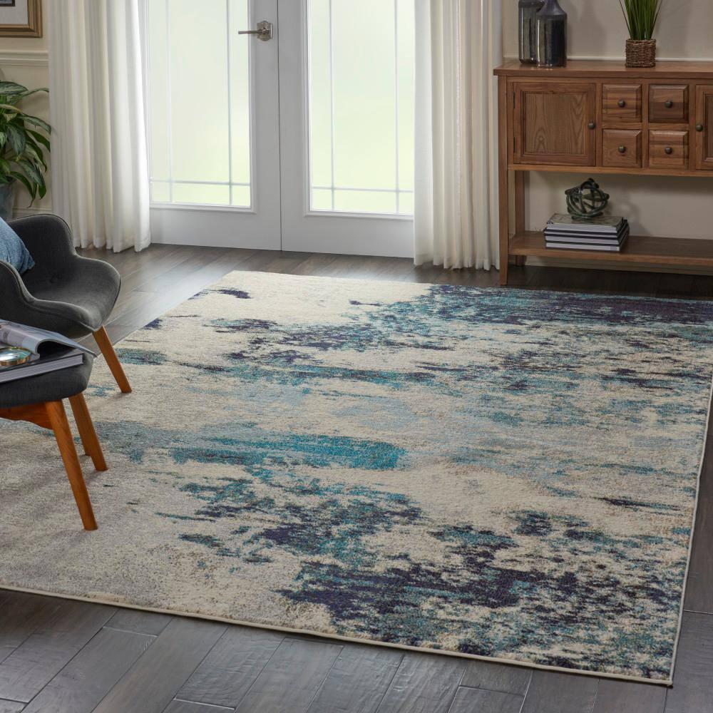Celestial CES02 Area Rug Colorful Contemporary Abstract By Nourison Ivory Teal Blue 7' x 10'