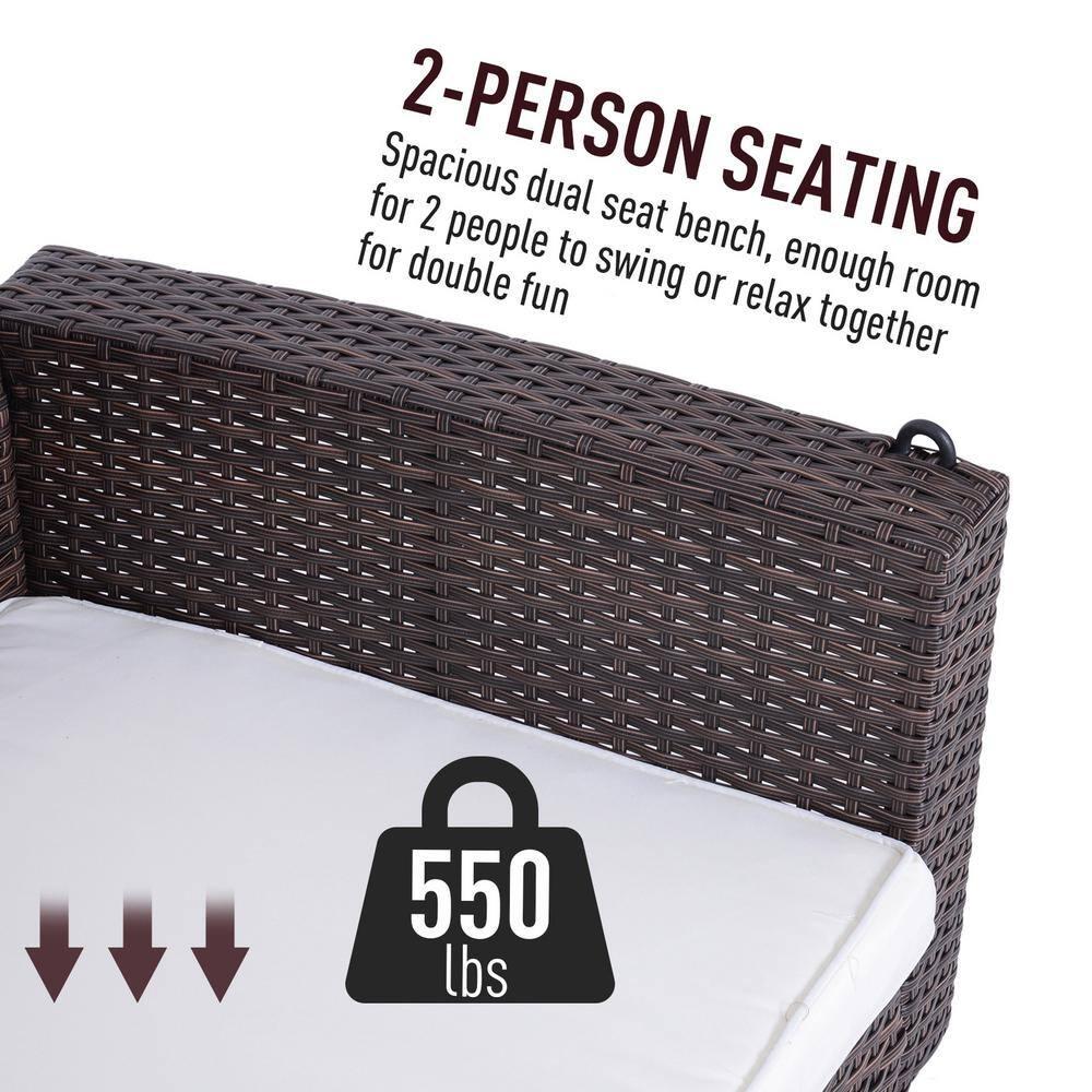 Outsunny 2 Person Wicker Hanging Swing Bench, Front Porch Swing Outdoor Chair with Cushions for Backyard, Garden, Brown